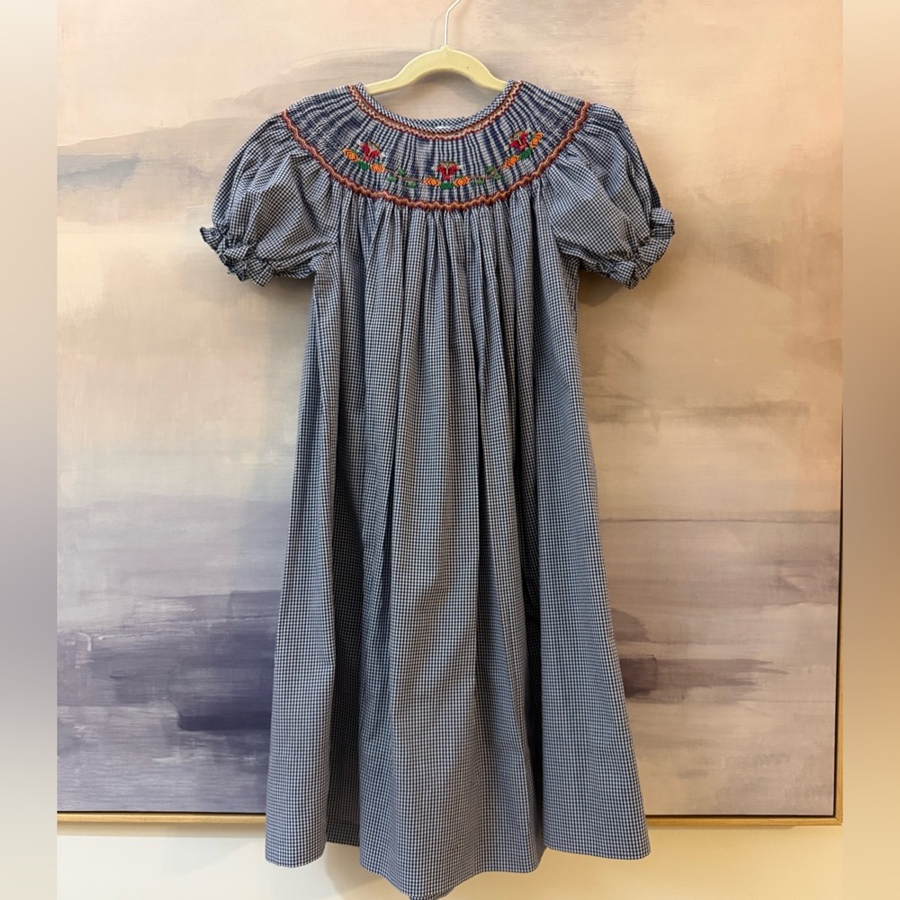 Rosalina‎ Blue Gingham Scarecrow Fall Smocked Kids Long Dress